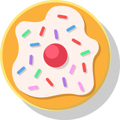 Flat-design donut is hovering on transparent backdrop with icing, sprinkles, red cherry, copy space