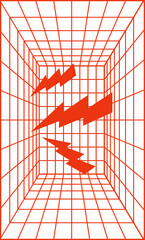 Floating stylized lightning bolts are gliding through 3D wireframe tunnel, transparent background