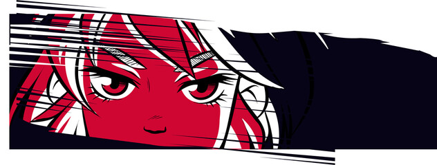 Anime-style female face is appearing with bold outlines and red hues on transparent background