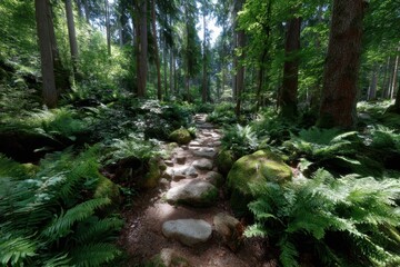 Beautiful forest path surrounded by lush greenery on a sunny day