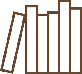 Five outlined books, one leaning, are resting on flat vector shelf line on transparent background