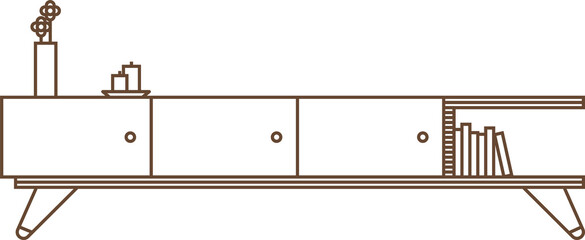 Showing vector credenza with angled legs, vase holding blossoms and books on transparent background