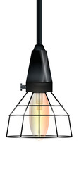Industrial lamp is hanging on transparent background, casting amber glow from caged filament bulb