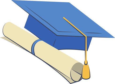 Vector blue graduation cap, tassel and diploma are floating over transparent background, copy space