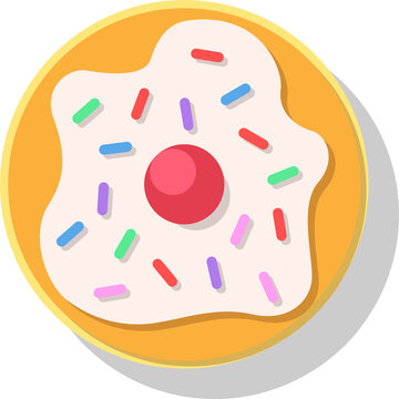 Naklejki Flat-design donut is hovering on transparent backdrop with icing, sprinkles, red cherry, copy space