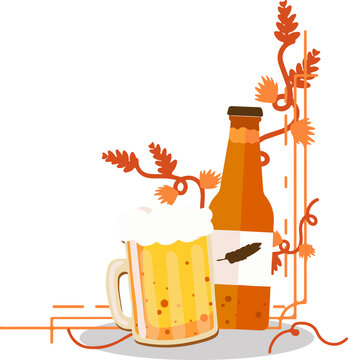 Naklejki Vector illustration showing frothy beer mug and bottle with hop vines on transparent background