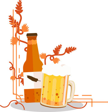 Naklejki Golden beer bottle and frothy mug are floating with hop vines in vector on transparent background