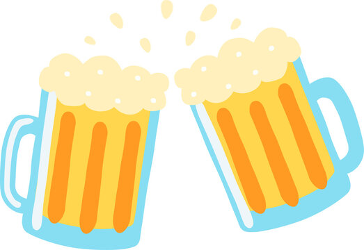 Naklejki Pair of beer mugs are clinking in flat design on transparent background, showing foam and droplets