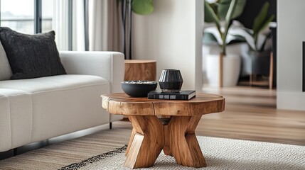 Fototapeta premium Contemporary Living Room with Wooden Coffee Table and Stylish Decor in a Bright and Inviting Space