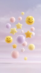Playful Pastel Spheres and Stars with Smiley Faces