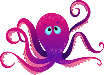 stylized octopus is showing magenta-purple tentacles and glossy blue eyes on transparent background