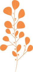 Showing minimalist botanical branch with thin stems, orange pods, accent dots on transparent canvas
