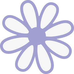 Daisylike flower is floating on transparent background, white petals, violet outline in flat design