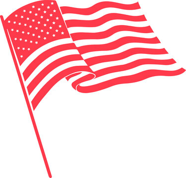 Naklejki Stylized US flag is waving on pole in red monochrome with stripes and stars, transparent background