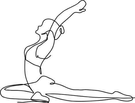 Fototapeta Minimal line drawing depicting figure stretching in split, reaching up, transparent background