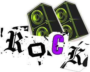 Vector artwork showing KQCK letters on splatter panels with neon speakers on transparent background