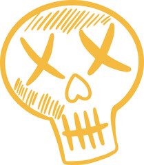 Yellow line art is depicting skull: X eyes, heart shaped nose, bar teeth on transparent background