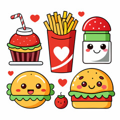 Cute Cartoon Fast Food Characters Set with Burgers Fries and Soda