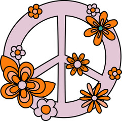 Cartoon pink peace symbol is floating on transparent background featuring orange and peach flowers