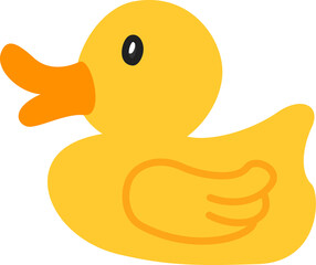 Flat design rubber duck floating on transparent background, featuring orange beak and wing outline