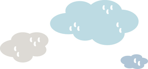 Three cartoon clouds floating on transparent background in flat design with teardrop highlights