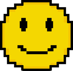 Obraz premium Pixel art yellow smiley face icon floating on transparent background, showing stepped pixel edges