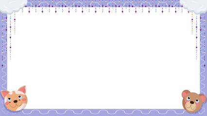 Fototapeta premium Flat pastel frame is showing animal heads, hearts, stars and clouds on transparent bg, copy space