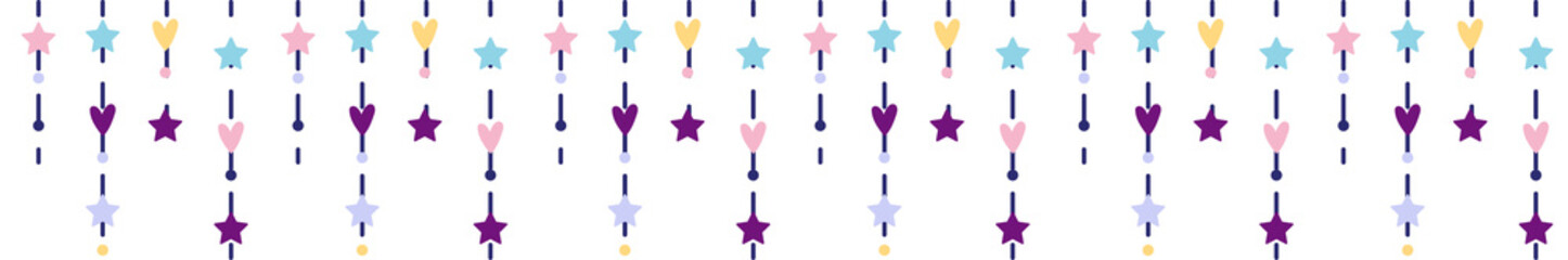Showing flat pattern with dotted bead strands, pastel hearts, colored stars on clear background