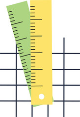 Flat design overlapping yellow and green rulers featuring hole and graduations on transparent grid