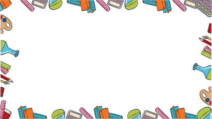Cartoon vector border is framing colorful school art supplies on transparent background, copy space