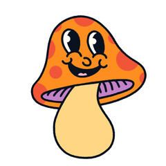 Cartoon mushroom is smiling on transparent background, orange spotted cap and purple gills