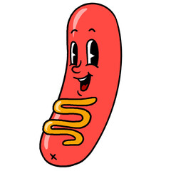 Cartoon sausage character is shining in vector style, showing mustard swirl, transparent background
