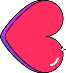 Red-pink cartoon heart is floating on transparent canvas, black outline, purple shadow, white shine