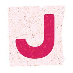 Magenta letter J is showing on torn cream square with orange dots, vector, transparent background