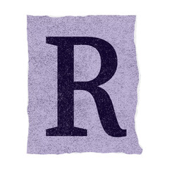 Distressed serif R is being shown on torn lavender paper scrap, flat design transparent background