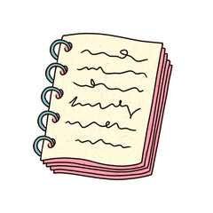 Flat spiral rings are showing cream page with black scribbles, pink layers, transparent background