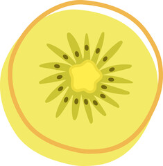 Golden kiwi slice is being shown in flat design with seeds and transparent background, copy space