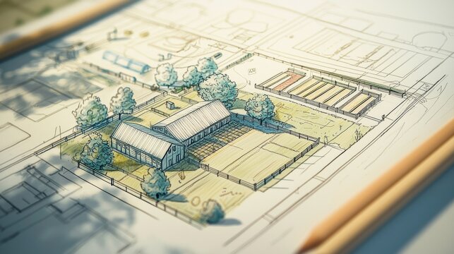 Architectural design of a sustainable farm featuring greenhouses and cultivated fields in a serene countryside setting