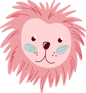 Cartoon lion head floating on transparent BG featuring pink mane, heart face, teal swirl cheeks