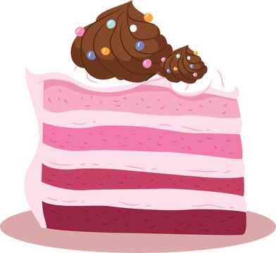 Naklejki Pink layered cake slice is floating in 2D with chocolate swirls and sprinkles on transparent backgro