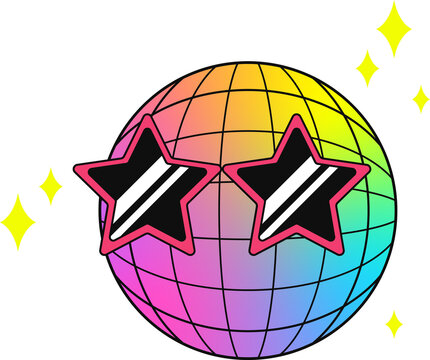 Naklejki Flat design rainbow disco ball shining with striped stars and sparkles on transparent background