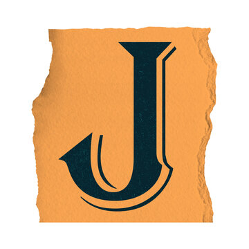 Fototapeta Showing stylized flat capital J on torn orange paper with serif distress, transparent background
