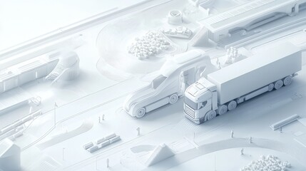 3D model of a transportation network featuring trucks and trains in a minimalist white design