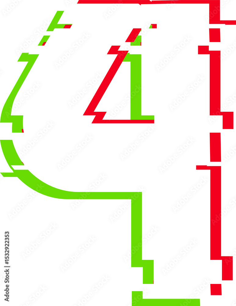 Poster presenting stylized numeral four using glitch art effect in red and green on transparent canvas