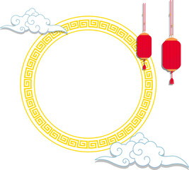 golden Chinese flat style frame is floating on transparent background, lanterns, clouds, copy space