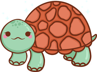 Kawaii flat turtle is floating on transparent background, featuring orange shell and sparkle shapes