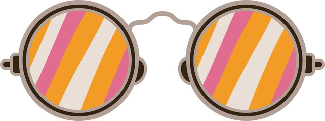 Flat goggles are showing colorful striped lenses, brown bridge and hinges on transparent background