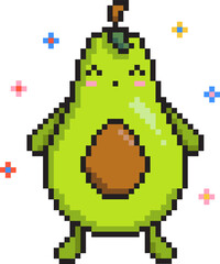avocado pixel art is smiling on transparent background, with plus-shaped pastel sparkles