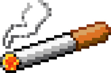 Pixel art lit cigarette is burning, ember glowing and smoke curling on transparent background
