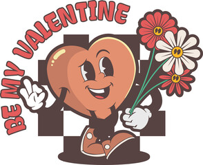 Flat heart is holding red daisies and waving under styled BE MY VALENTINE on transparent background